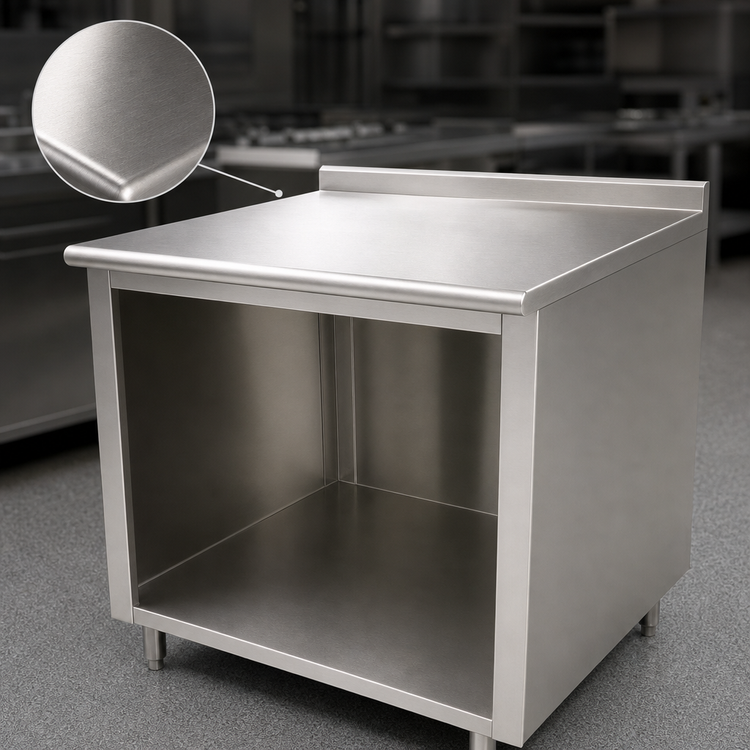 Product image #3 for Advance Tabco 96-Inch x 30-Inch Open Front Cabinet Base Work Table with 14 Gauge 304 Stainless Steel Top and 1-1/2 Inch Rear Up-Turn