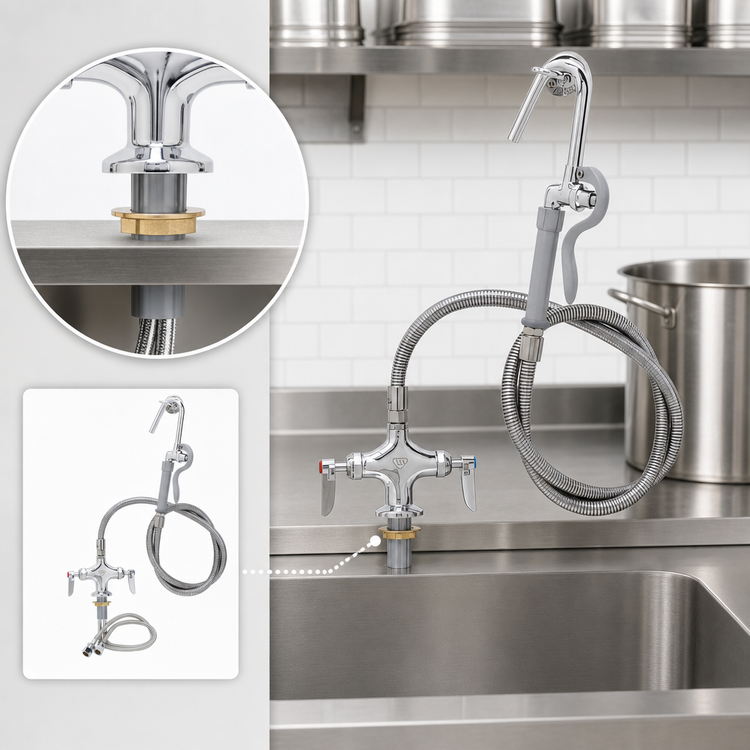 Product image #3 for T&S Brass B-0300-102A Deck-Mounted Double Pantry Base Faucet with 68-Inch Hose and Hook Nozzle