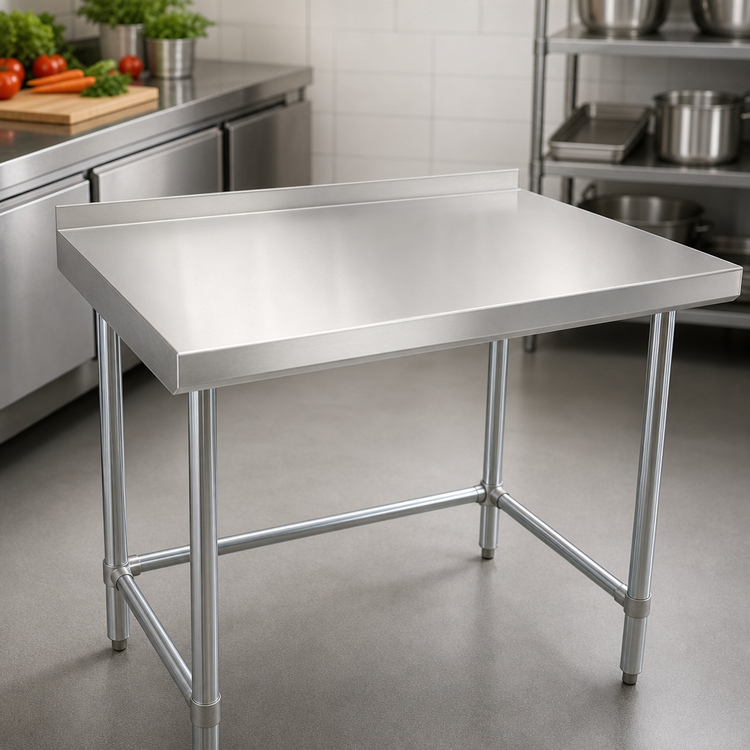 Product image #3 for BK Resources 60-Inch x 18-Inch Stainless Steel Open Base Riser Top Work Table with 1-1/2-Inch Rear Riser and Galvanized Legs