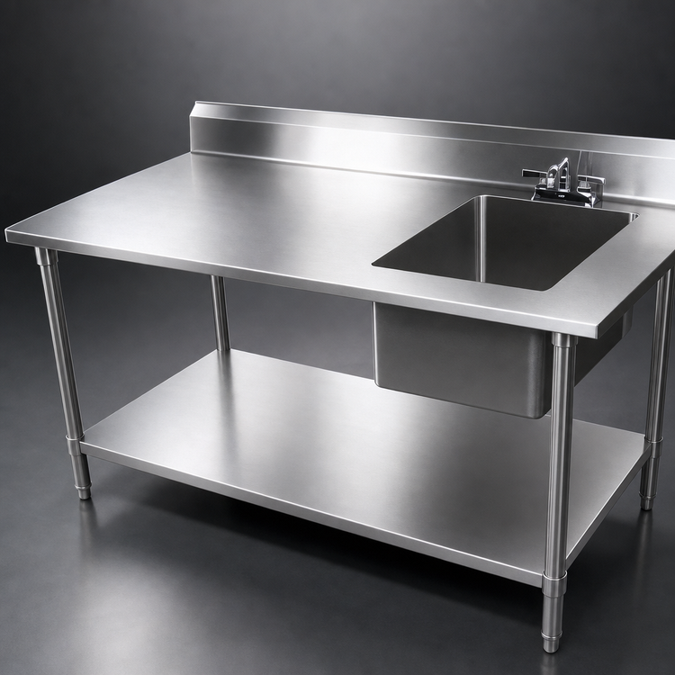 Product image #3 for John Boos 60 Inch x 30 Inch 18-Gauge Stainless Steel Prep Table With Right-Hand Sink Bowl, 5-Inch Backsplash and Undershelf