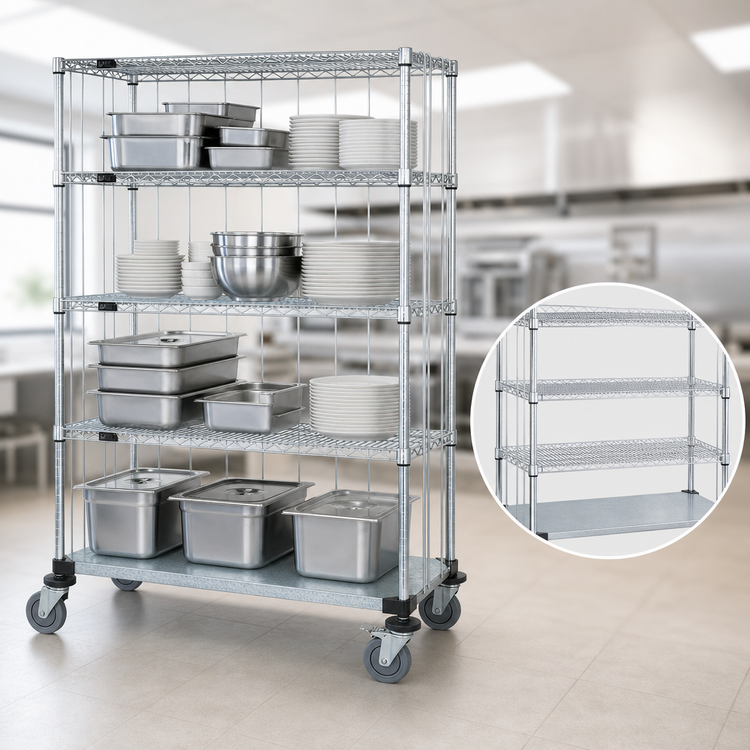 Product image #3 for Quantum Mobile Enclosure Cart with 4 Shelves, 60 x 18 x 69 Inches, Chrome Plated