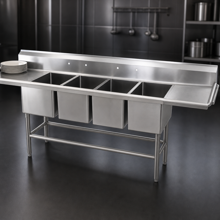 Product image #3 for Spec-Master Four-Compartment Coved-Corner Sink with 24-Inch Right-Hand Drainboard, 14-Gauge Stainless Steel