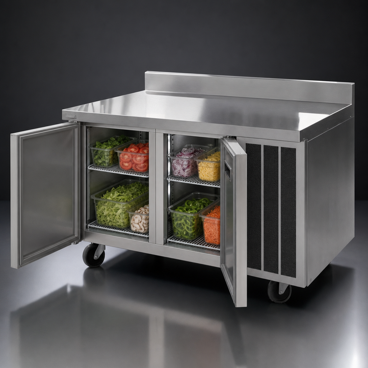 Product image #3 for Delfield 72-Inch Two-Section Worktop Refrigerator with 4-Inch Backsplash, 2 Doors, Side-Mounted Self-Contained Refrigeration