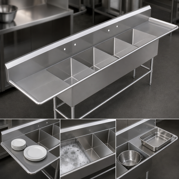 Product image #3 for John Boos Pro-Bowl 4-Compartment Sink with Dual 18-Inch Drainboards, 16 x 20 x 14-Inch Bowls, 14-Gauge Stainless Steel