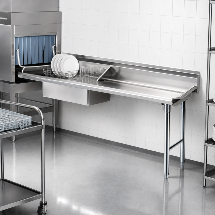Product image #3 for Eagle Group Straight Soiled Dish Table with Pre-Rinse Sink, 60 x 30 x 43.5 Inches, Right-to-Left Operation, 16-Gauge 430 Stainless Steel Top