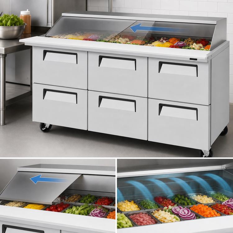 Product image #3 for Turbo Air Super Deluxe Refrigerated 3-Section Sandwich/Salad Mega Top Prep Table with 6 Drawers and Slide-Back Lid