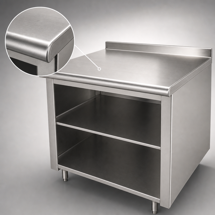 Product image #3 for Advance Tabco 36" x 30" 14-Gauge 304 Stainless Steel Work Table with Open Front Cabinet Base, Mid-Shelf, and 1-1/2" Rear Up-Turn