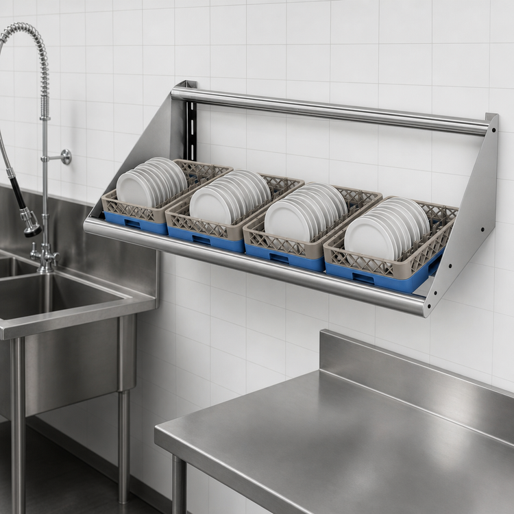 Product image #3 for Advance Tabco Wall-Mounted Stainless Steel Tubular Sorting Shelf for 4 Full-Size Dish Racks, 82 Inch Wide