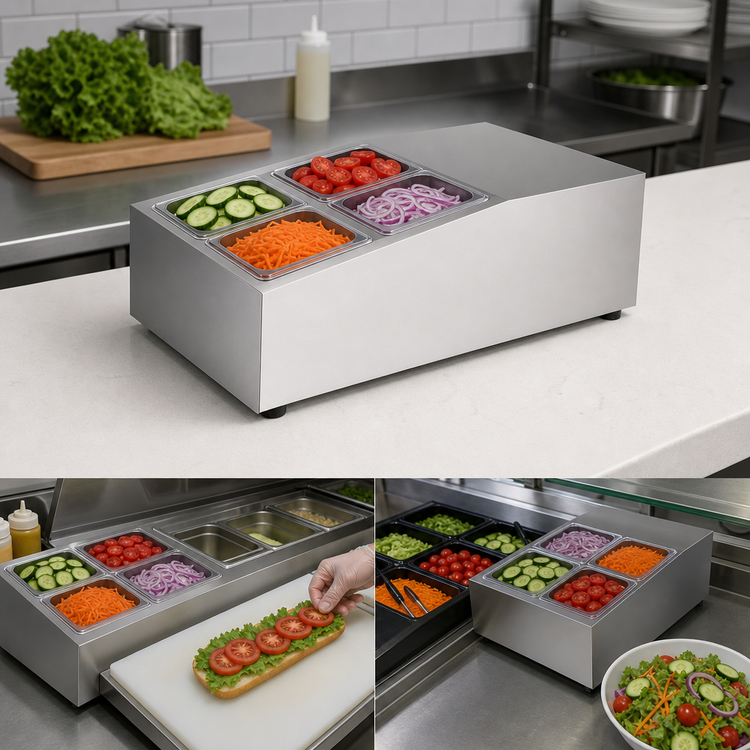 Product image #3 for Countertop Refrigerated Prep Rail Salad Bar Station, 15-Inch Wide, 4 x 1/6 Pan Capacity, Stainless Steel
