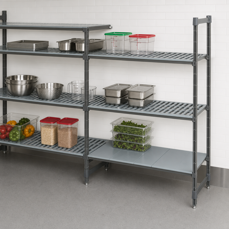 Product image #3 for Cambro Camshelving® Basics Plus 48"W x 24"D x 72"H 4-Tier Add-On Polymer Shelving Unit, 3 Vented + 1 Solid, Brushed Graphite