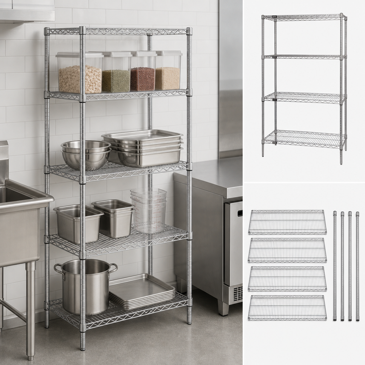 Product image #3 for Quantum 4-Shelf Stationary Wire Shelving Starter Kit, 24"W x 21"D x 86"H, 304 Stainless Steel