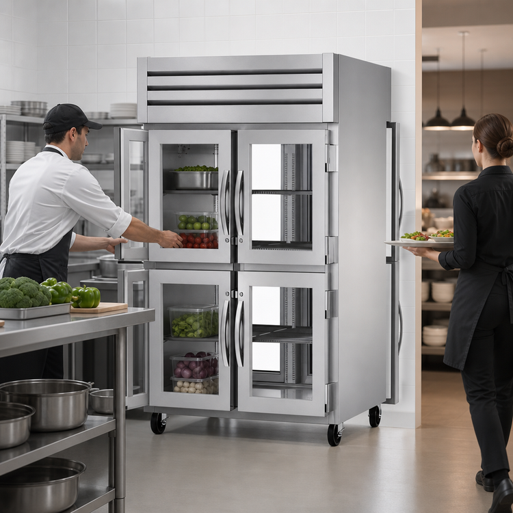 Product image #3 for True Spec Series 2-Section Pass-Thru Reach-In Refrigerator with 4 Front Glass Half Doors and 2 Rear Glass Doors