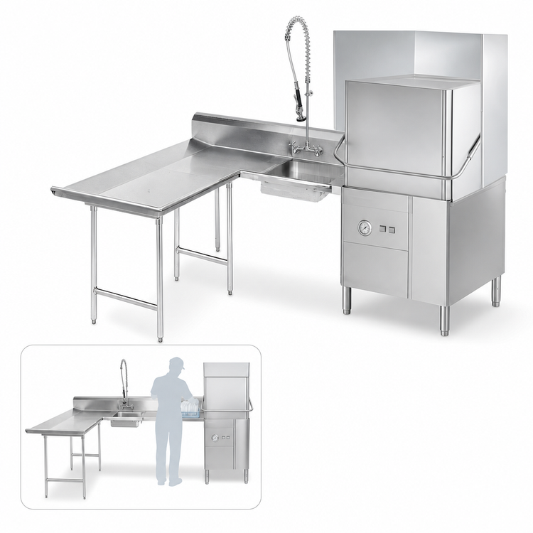 Product image #3 for Advance Tabco L-Shaped Left-Hand Dishlanding Soil Dishtable with Landing and Pre-Rinse Sink, 95 Inch