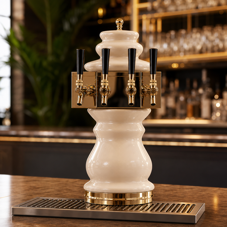 Product image #3 for Glastender Braumeister 4-Faucet Polished Brass Air-Cooled Draft Dispensing Tower with Ceramic Column and Drain Pan