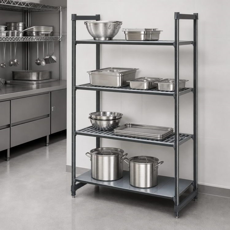 Product image #3 for Cambro Camshelving Basics Plus 4-Shelf Stationary Starter Unit, 18 x 48 x 84 Inches, Vented and Solid, Brushed Graphite