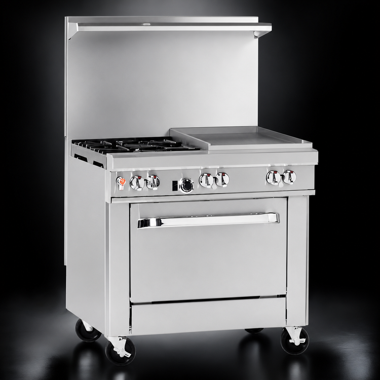 Product image #3 for Southbend Ultimate 36-Inch Gas Restaurant Range with 1/2-Inch Thermostatic Griddle, Cabinet Base, and Backriser Shelf