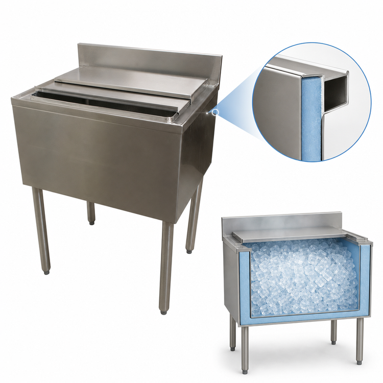 Product image #4 for BK Resources UB4-18-IB48 Underbar Insulated Stainless Steel Bar Ice Bin, 48 x 18 Inch, 140 lb Capacity