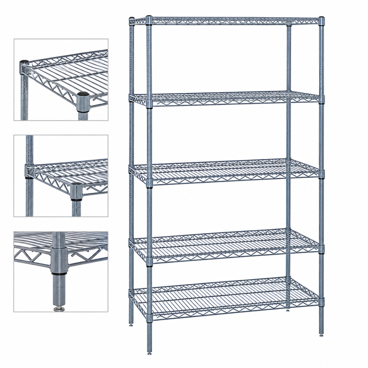 Product image #3 for Quantum Stationary Wire Shelving Starter Kit, 54W x 24D x 63H, Gray Epoxy Antimicrobial, 5 Shelves