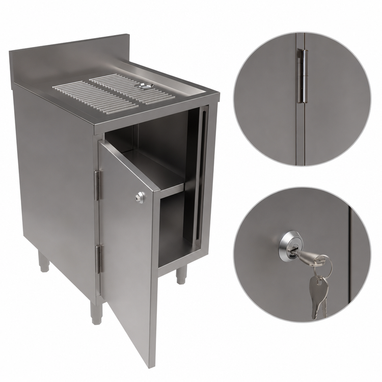 Product image #3 for BK Resources UBC-1821HL Freestanding Stainless Steel Underbar Cabinet with Hinged Door and Lock, 18-Inch Drainboard Top, 4-Inch Riser
