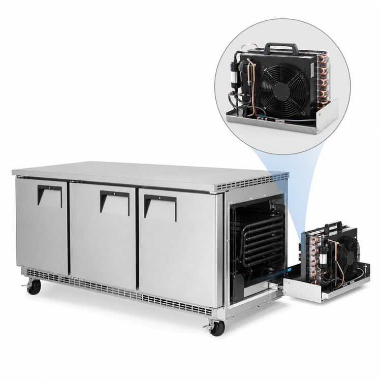 Product image #3 for Everest Refrigeration ETBR3 Three-Section Back-Mount Undercounter Worktop Refrigerator, 22 Cu. Ft., Solid Doors