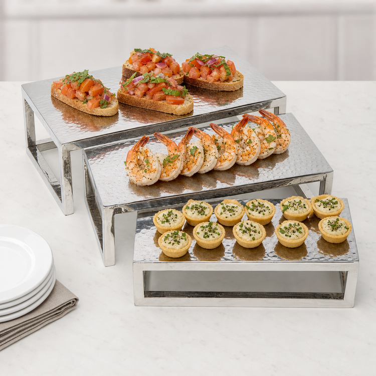 Product image #3 for American Metalcraft Hammered Stainless Steel Rectangular Buffet Riser Set, 3-Piece