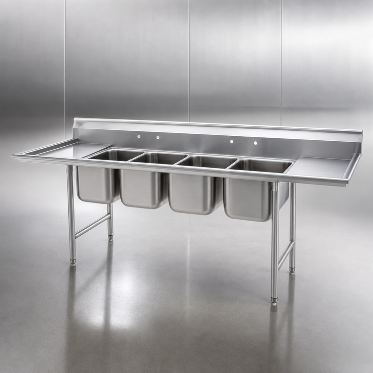 Product image #3 for Eagle 414 Series 140" Four-Compartment Stainless Steel Sink with Double 18" Drainboards
