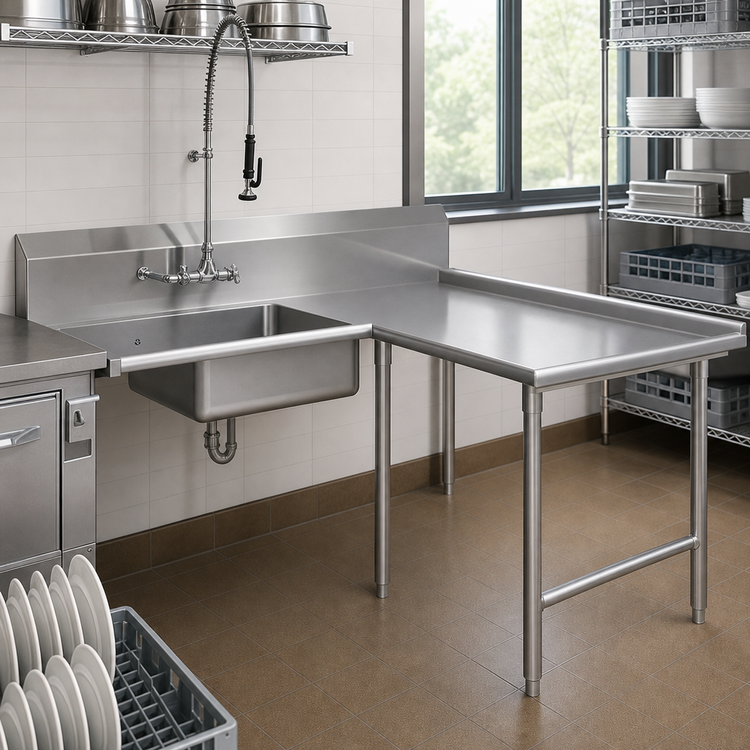 Product image #3 for John Boos Pro-Bowl L-Shaped Island Soiled Dish Table with Pre-Rinse Sink Bowl, Right-to-Left, 60" x 96"