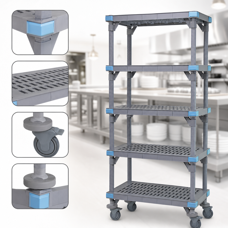 Product image #3 for Millenia Mobile Polymer Shelving Starter Unit with 5 Open Grid Shelves, 48 x 24 x 62 Inches, Gray