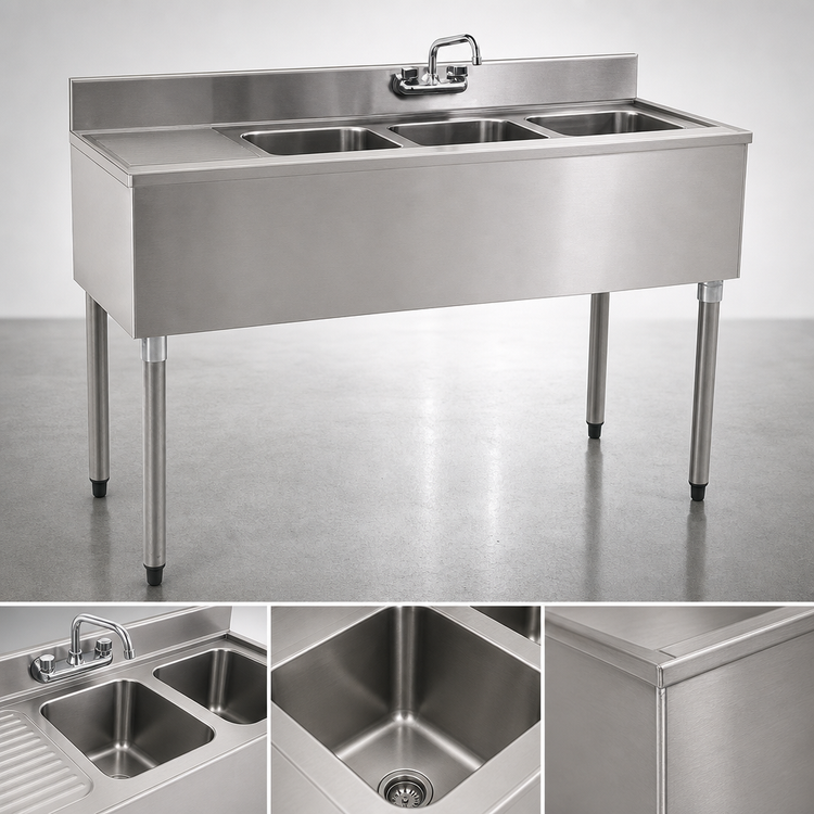Product image #3 for Eagle Group 1800 Series 48" 3-Compartment Underbar Sink Unit with Left Drainboard, 304 Stainless Steel