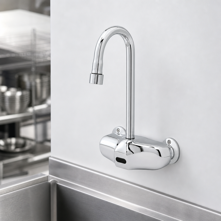 Product image #3 for ChekPoint Electronic Wall-Mount Touchless Faucet with Rigid Gooseneck Spout, 4-Inch Centers, Chrome-Plated Brass, 1.2 GPM