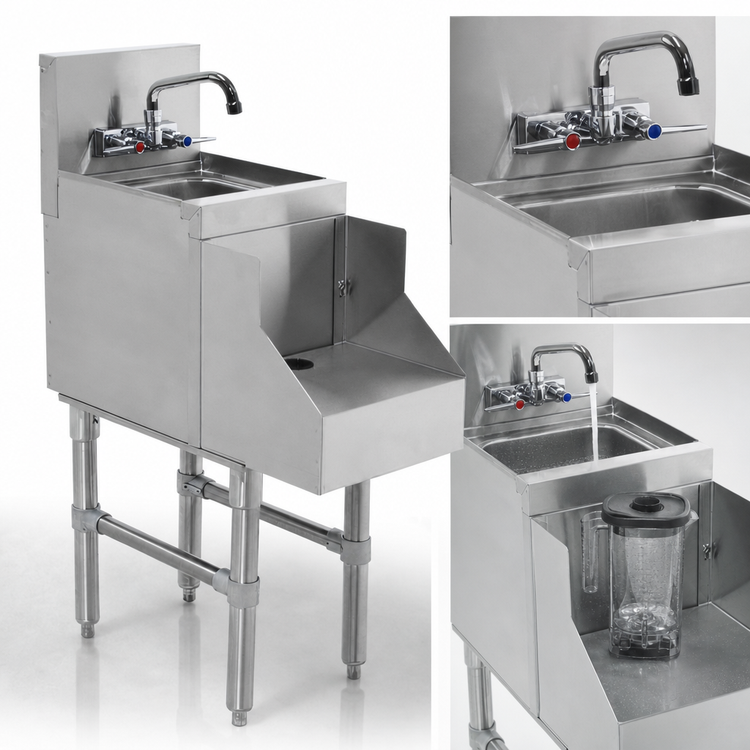 Product image #3 for Advance Tabco Prestige Supreme 12 Inch x 25 Inch x 36 Inch Freestanding Stainless Steel Blender Station with Dump Sink and Recessed Shelf