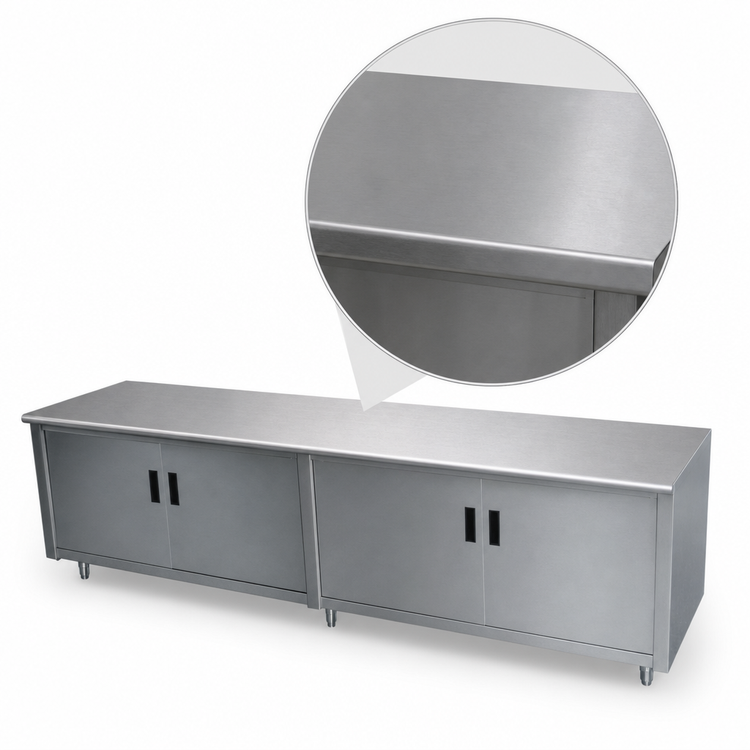 Product image #3 for Advance Tabco 96-Inch x 36-Inch 14 Gauge 304 Stainless Steel Enclosed Work Table with Cabinet Base and Hinged Doors