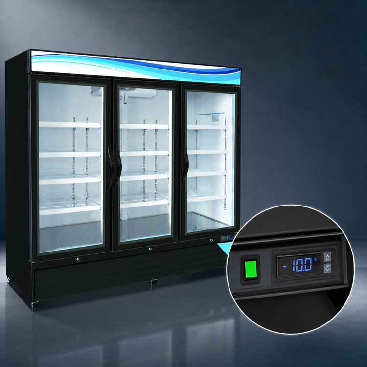 Product image #3 for Serv-Ware 72 Cu. Ft. Three-Door Black Glass Door Merchandiser Freezer