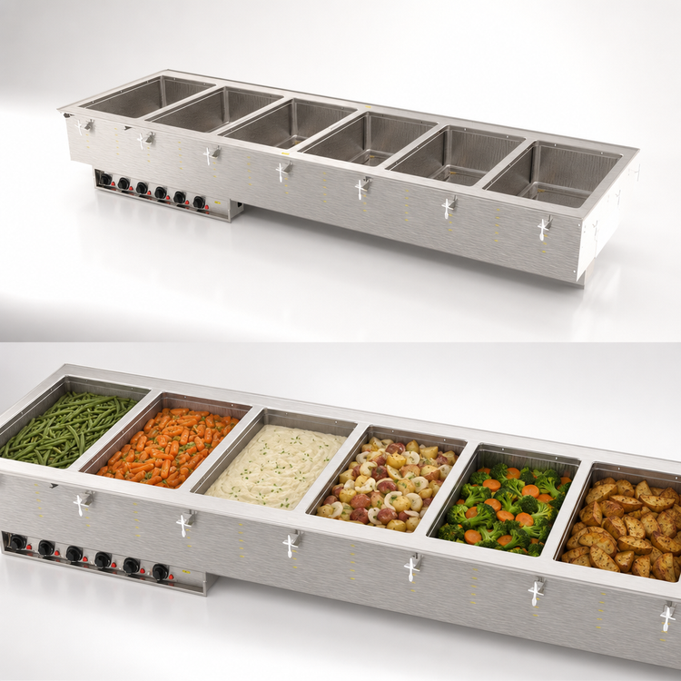 Product image #3 for Vollrath 6-Well Drop-In Electric Hot Food Well Unit with Manifold Drain, Wet Operation, Infinite Controls, 240V, Marine-Grade Stainless Steel
