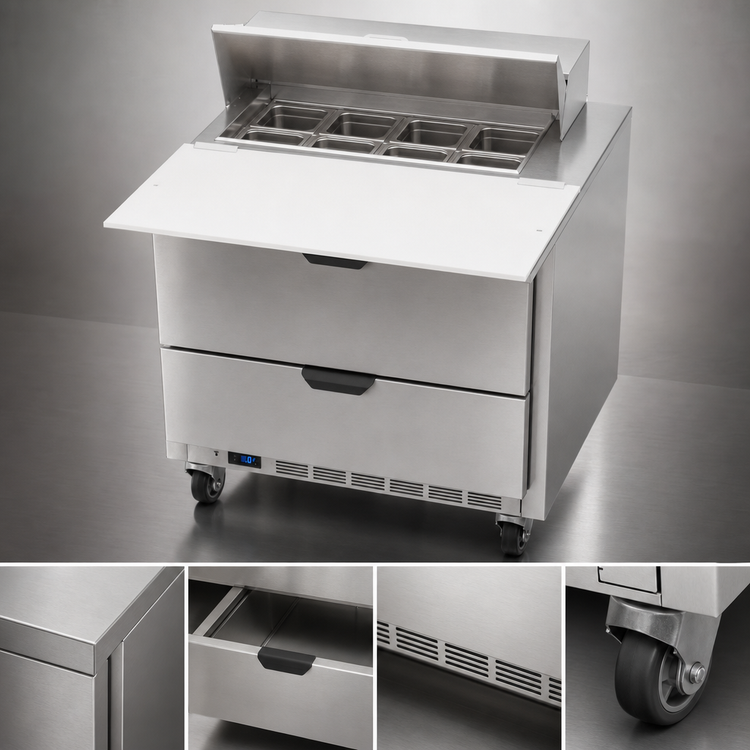 Product image #4 for Beverage Air SPED36HC-08C-2 One-Section Stainless Steel Sandwich Prep Table with Drawers, 36" Wide, 8-Pan Cut Top, 17" Cutting Board