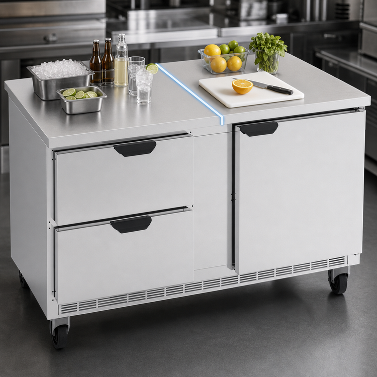 Product image #3 for Beverage-Air 60-Inch Two-Section Worktop Refrigerator with 2 Drawers and 1 Door