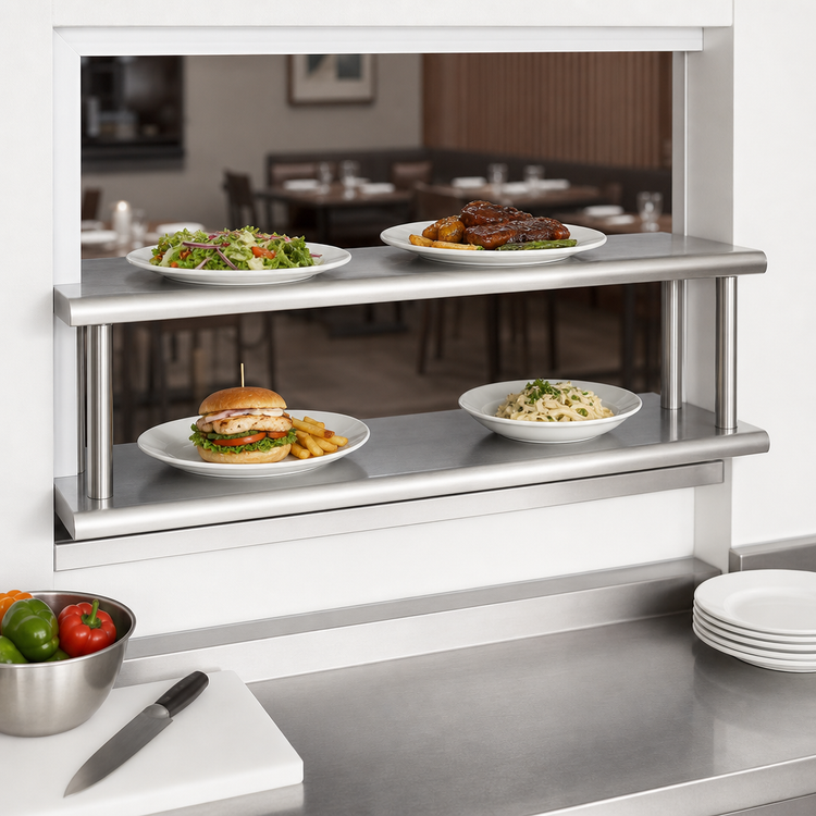 Product image #3 for BK Resources Double Tier Pass Through Shelf, 48 x 24 Inch, 304 Stainless Steel, 8 Inch Max Wall Thickness