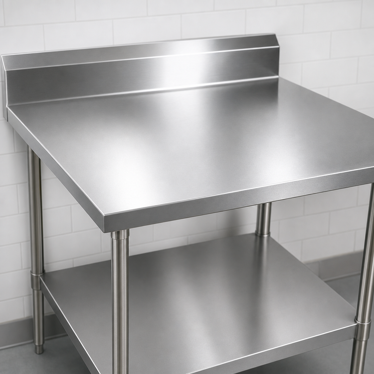 Product image #3 for BK Resources 30 x 30 18-Gauge 430 Stainless Steel Corner Work Table with 5 Inch Backsplash and Adjustable Undershelf