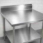 Thumbnail image #3 for BK Resources SVTR5-3030 30 x 30 Inch Stainless Steel Corner Work Table, 18-Gauge 430 Top, 5-Inch Backsplash, Adjustable Undershelf