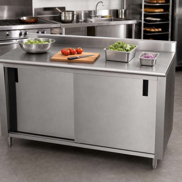 Product image #3 for Advance Tabco Enclosed Commercial Work Table with Cabinet Base, Mid-Shelf and Sliding Doors, 84" W x 36" D