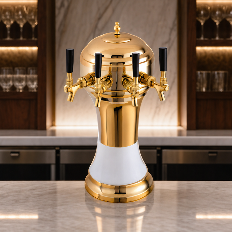 Product image #3 for Perlick Roma 4-Faucet Countertop Glycol-Cooled Draft Beer Tower with Gold-Tone Brass Body and White Ceramic Skirt