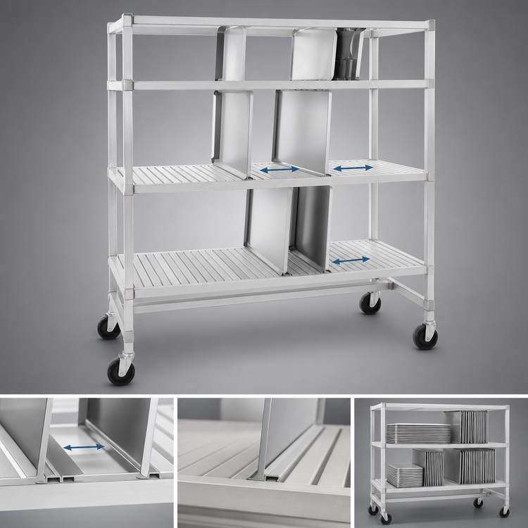 Product image #3 for Channel Manufacturing ATDR-3 Adjustable 3-Tier Mobile Aluminum Tray Drying Rack, 63"W x 30"D x 60"H