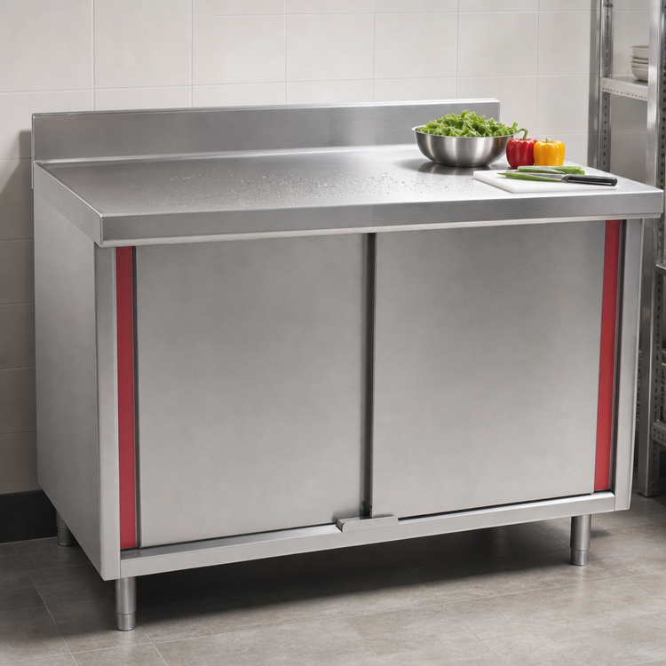 Product image #3 for Eagle Spec-Master Marine Series Stainless Steel Enclosed Work Table, 72" x 30", with Hinged Doors and 4-1/2" Backsplash