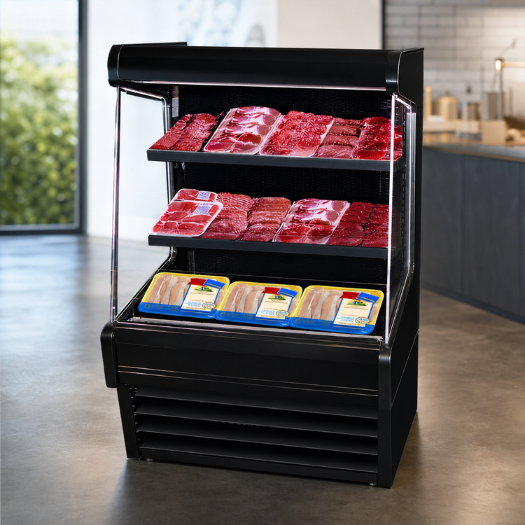 Product image #3 for Howard-McCray Ovation Series Meat Open Merchandiser, 63"W x 60"H, Self-Contained Refrigeration, LED Lighted Shelves, Black