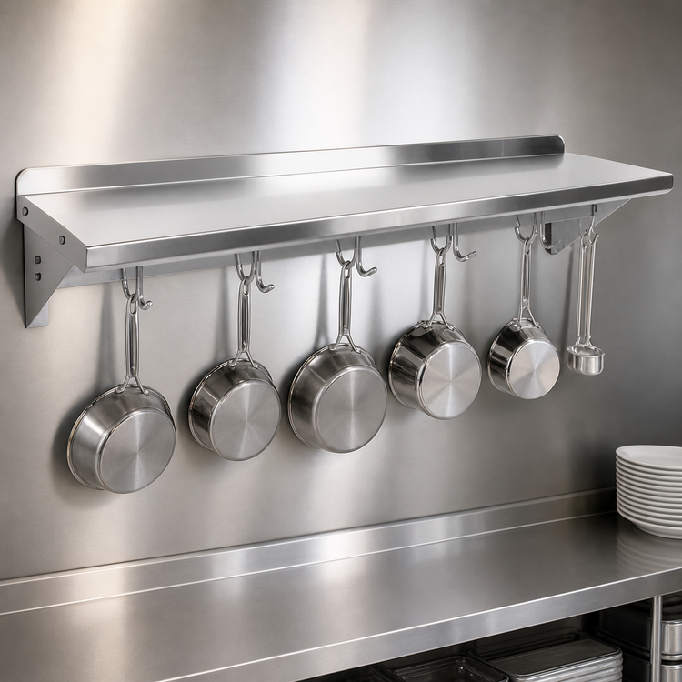 Product image #3 for John Boos Stallion 96-Inch Wall-Mounted 16-Gauge Stainless Steel Pot Rack Shelf with 8 Hooks