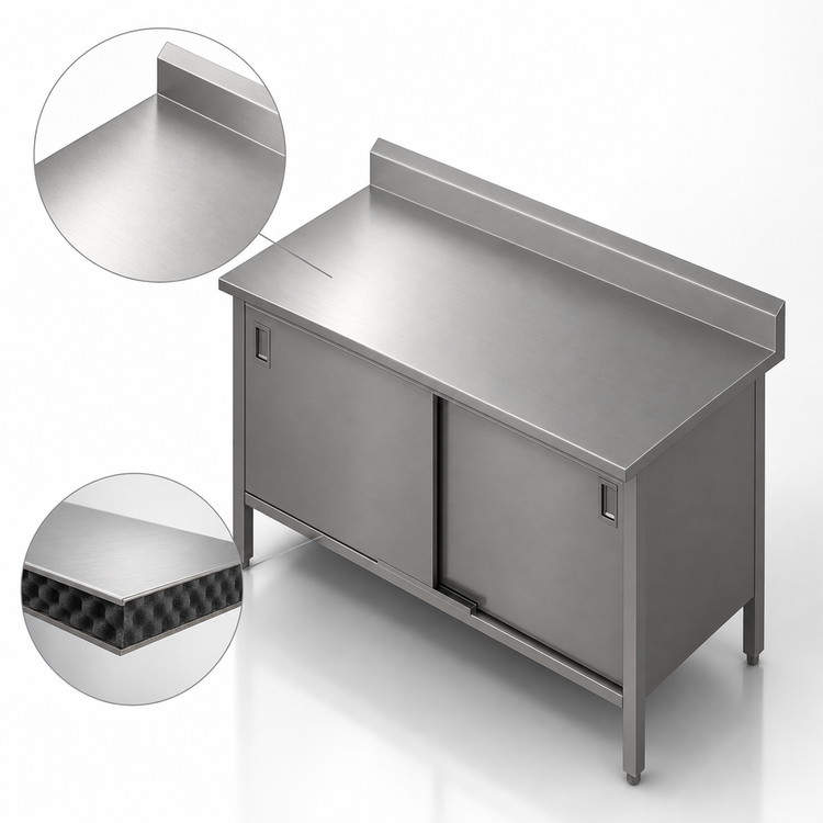 Product image #3 for John Boos 60-Inch x 24-Inch Stainless Steel Enclosed Base Work Table with Sliding Doors and 5-Inch Backsplash