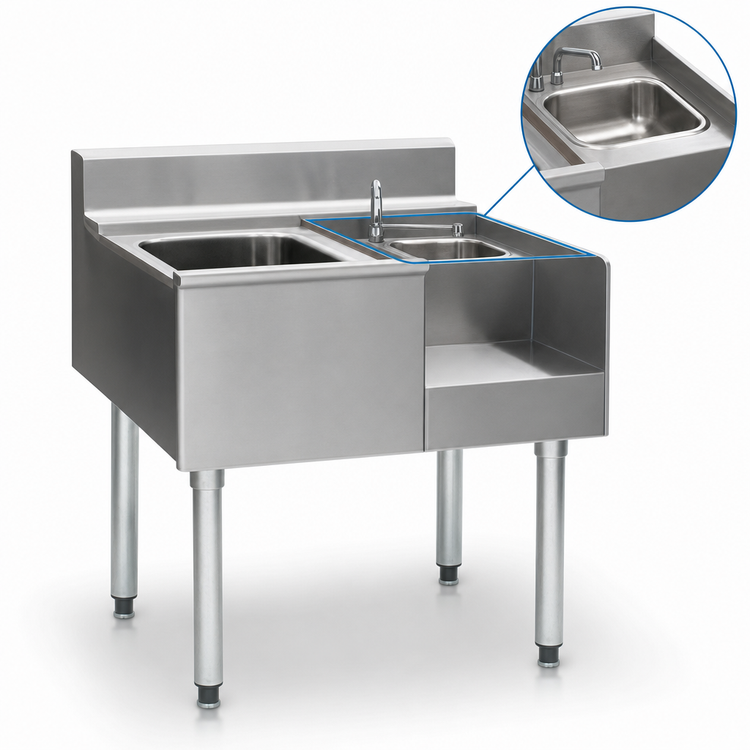 Product image #3 for Eagle Group 2200 Series 24 x 24 Inch Freestanding Underbar Sink/Blender Module with Right Sink Bowl, Left Blender Recess, and Liquid Waste Chute