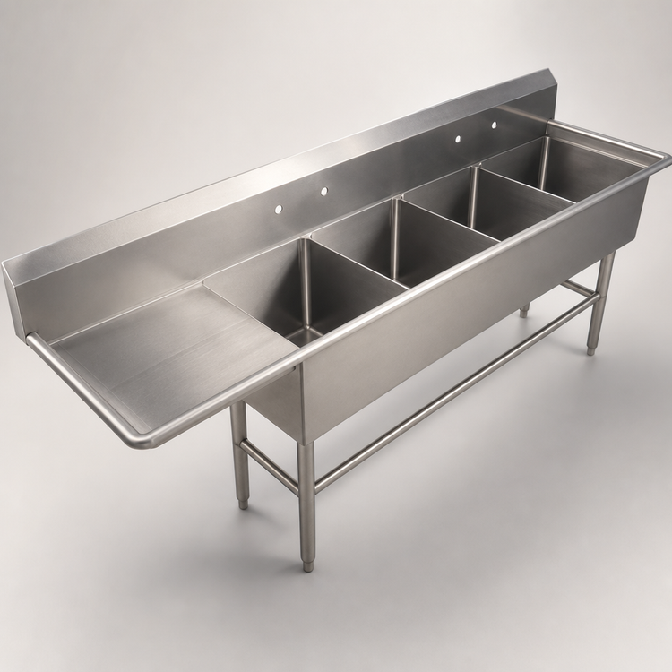 Product image #3 for John Boos Pro-Bowl 4-Compartment Sink with Left Drainboard, 30" x 24" Bowls, 14" Deep, 16-Gauge Stainless Steel