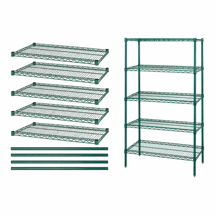 Product image #3 for Quantum 72"W x 36"D x 54"H Stationary Wire Shelving Starter Kit with 5 Shelves, Green Epoxy Antimicrobial Finish