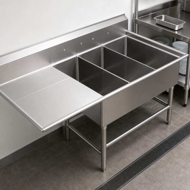 Product image #3 for John Boos Pro-Bowl 3-Compartment Platter Sink with Left-Hand Drainboard, 12-Inch Deep Bowls, 14-Gauge Type 300 Stainless Steel